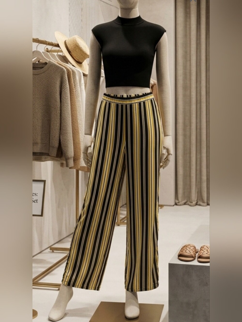 *Hype Black and Yellow Vertical Stripe Wide-Leg Pants Waist 18.5 Inseam 29"